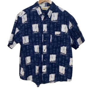 Men’s Royal Palm blue nautical sail boat print short sleeve button down shirt XL